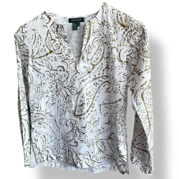 Ralph Lauren Linen Floral Paisley Print Blouse Petite - Picture 6 of 7